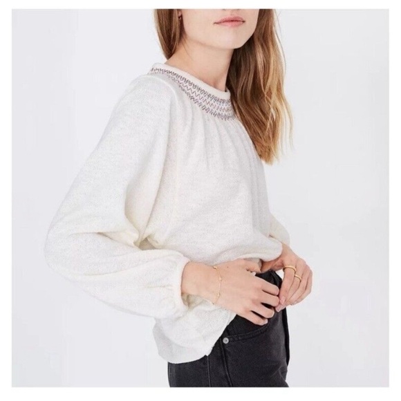 Madewell Cream Blouse with Puff Sleeves embroidered boho summer top - Picture 2 of 7